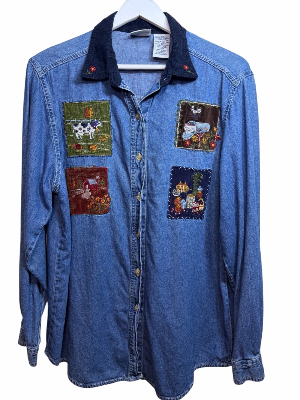 Vintage Bobbie Brooks Denim Farmhouse Patchwork Shirt M Fall Harvest Cow Barn